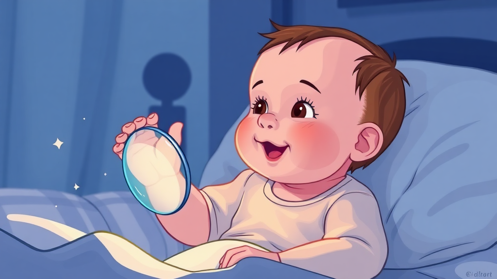 A baby holding a looking glass in hand at night on the bed, baby happy to see that. Cartoon. And suddenly it broke.