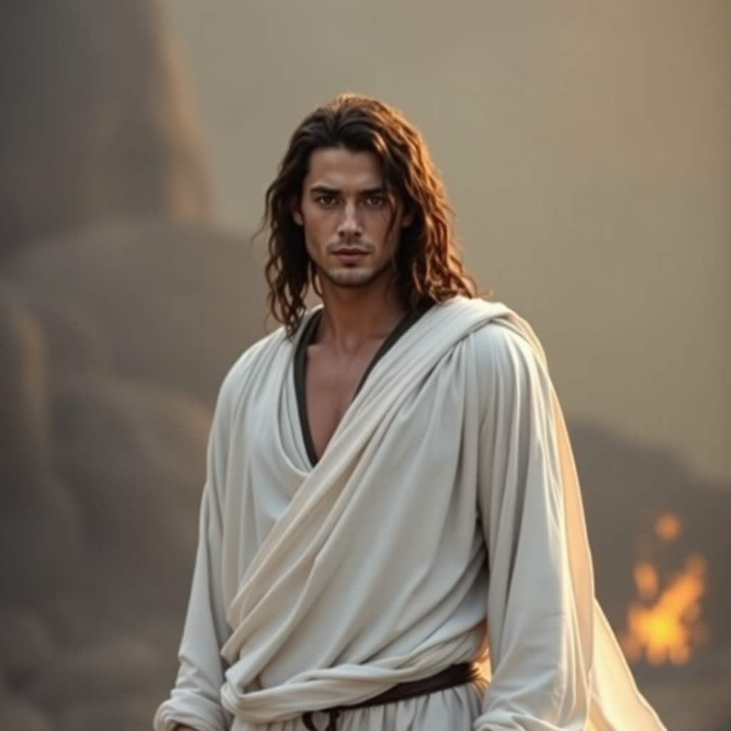 In the world of Vampire the Dark Ages, a man with very pale skin, extremely beautiful, dressed in a long white tunic. He must look like a Greek from Antiquity.