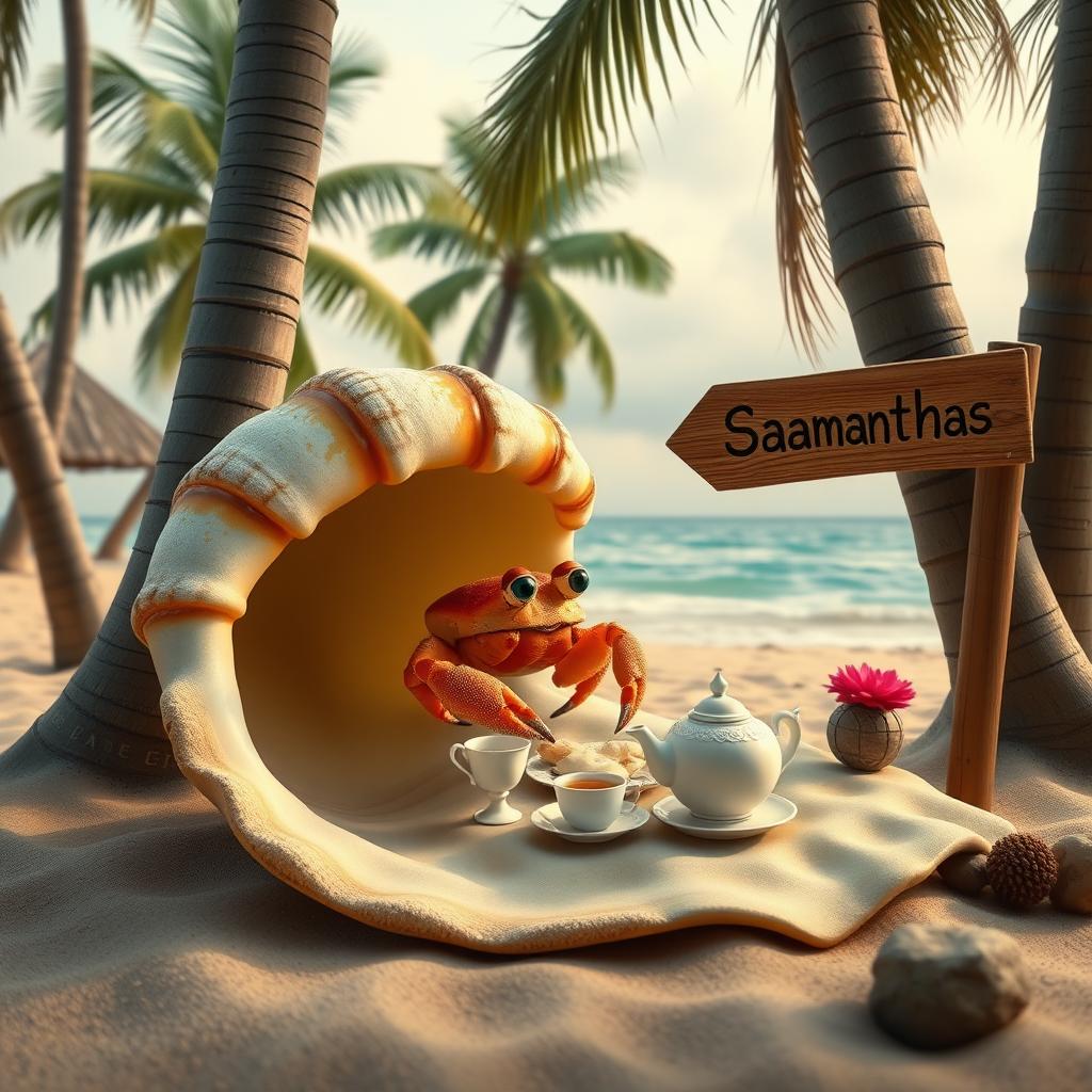 A photo realistic hermit crab in a large spiral shell having a tea party on a beach with palm trees with a near by sign that says "Samantha's Welcome"