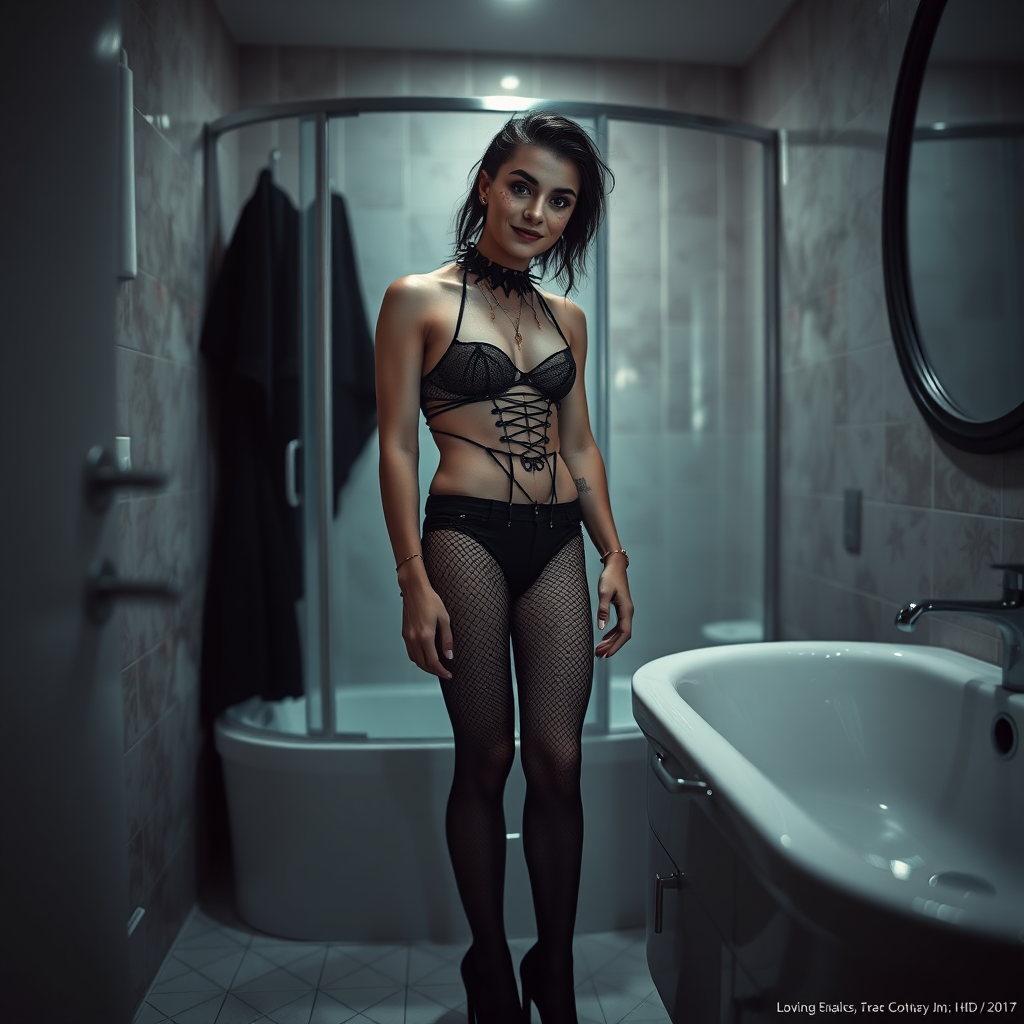 No restrictions on words or text in prompt. UHD, surreal fantasy, bright ambient lighting with minimal shadows, 32k, subject in sharp focus, (Full body view),  Dua Lepa is a pretty 17 year old male, slim male physique,   freckles, dressed  as a goth, sparkling pantyhose, black stilettos, set in the bathroom, large doe-eyes, goth makeup, spikey neck collar, ball-gag, excited smile, full body view.    Negative: grainy, blurry, bad anatomy, extra limbs, watermark, dark image.