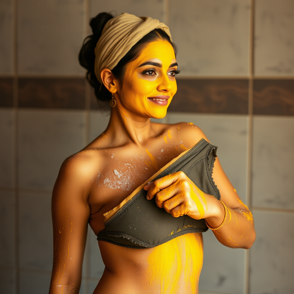 slim, curvy, 30 year old Indian maid with hair covering bun, her face is covered with turmeric mask and body is covered with soap lather. she is holding an underwear