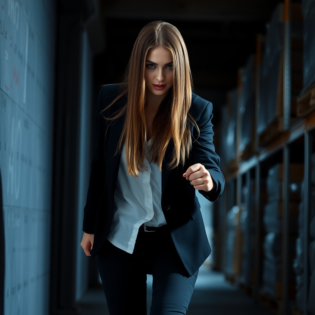 A beautiful straight long haired female burglar in a black blazer over a white shirt with black pants escapes from a dark warehouse.