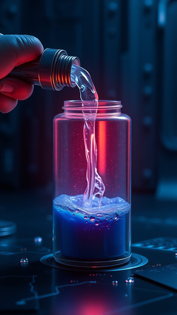 The image of extracting liquid from a secondary battery and regenerating it, express it as a realistic image with 3D rendering, express the background as a cybernetic and mysterious image, and express the overall color as dark blue.