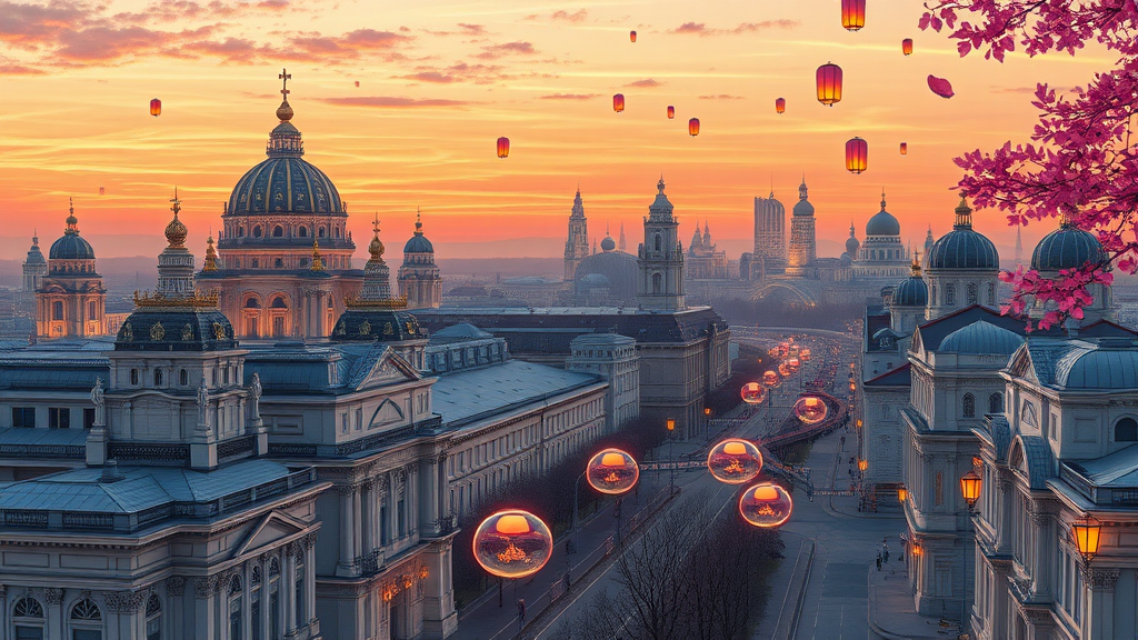 This anime art concept in 8k resolution brings to life a cityscape at sunset that blends historical grandeur with futuristic innovation. The city, inspired by Russian Tartarian architecture, features majestic structures with ornate details and intricate designs, showcasing an opulent and storied past.

The foreground reveals immaculate streets lined with grand cathedrals and dome-shaped white buildings, each one a marvel of architectural beauty. These buildings, with their elaborate facades and towering spires, reflect the rich cultural heritage of the city.

In the distance, technologically advanced metropolis uniquely designed white-grey buildings glow with vibrant lights, contrasting sharply with the historical architecture. Their sleek, futuristic designs add a dynamic and forward-looking element to the scene.

The sky is adorned with floating lanterns, drifting gracefully and casting a warm, magical glow over the city. Pink foliage adds a touch of whimsy and elegance to the landscape, with vibrant hues enhancing the dreamlike quality of the scene.

Bubble-shaped vehicles glide smoothly across the landscape, showcasing advanced transportation technology while seamlessly integrating with the city’s aesthetic. These vehicles move along clean, well-maintained streets, highlighting the city’s blend of tradition and innovation.

Overall, the scene is framed by the ice wall, hinting at the fascinating world beyond and adding a sense of grandeur and mystery to the composition. This exquisite portrayal captures both the historical richness and futuristic vision of the city, creating a captivating and immersive experience.