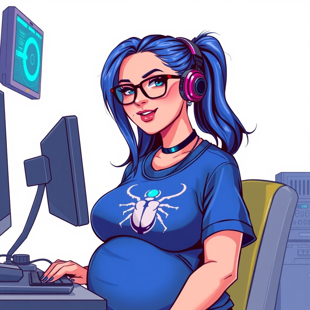 A cyberpunk vigilante’s full-figured intelligent and tech-savvy 28-year-old girlfriend, who is a computer hacker and tech genius. She has a long maximum blue ponytail. She wears maximum blue lipstick, bright blue eyes, a sapphire beetle gemstone necklace, sapphire earrings, black eyeglasses, and an oversized maximum blue t-shirt featuring a blue sapphire gemstone crusted scarab beetle chest icon. She has a full-figured physique with a prominent, massive, round belly, reflecting her well-cared-for lifestyle. She sports a sapphire headset with a hi-tech maximum turquoise lensed HUD, and a shy smile with a neon red blush. She serves as his tech expert from his hideout, diligently working at her workbench and computer desk. The background is solid white. She is drawn as if she was in a retro 2D cyberpunk fighting game. Ensure her maximum blue t-shirt covers her belly.