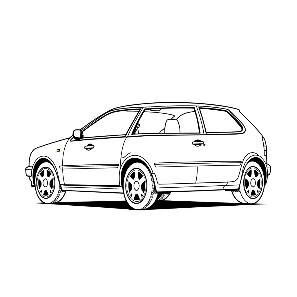 3 door red vw polo II car, long establishing shot, 2D, caricature, cartoon, Sketch lines, coloring book, coloring book style on white background, well composed, clean coloring book page, No dither, no gradient, strong outline, No fill, No solids, vector illustration, realistic proportions, left side view