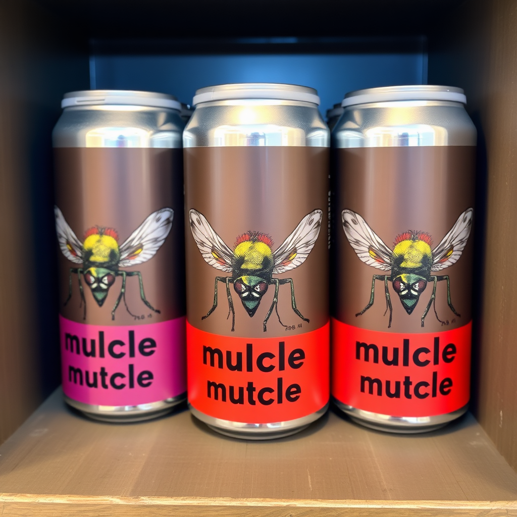 a small shelf with cans that have an image of a house fly on the label and text saying "muscle in cans"