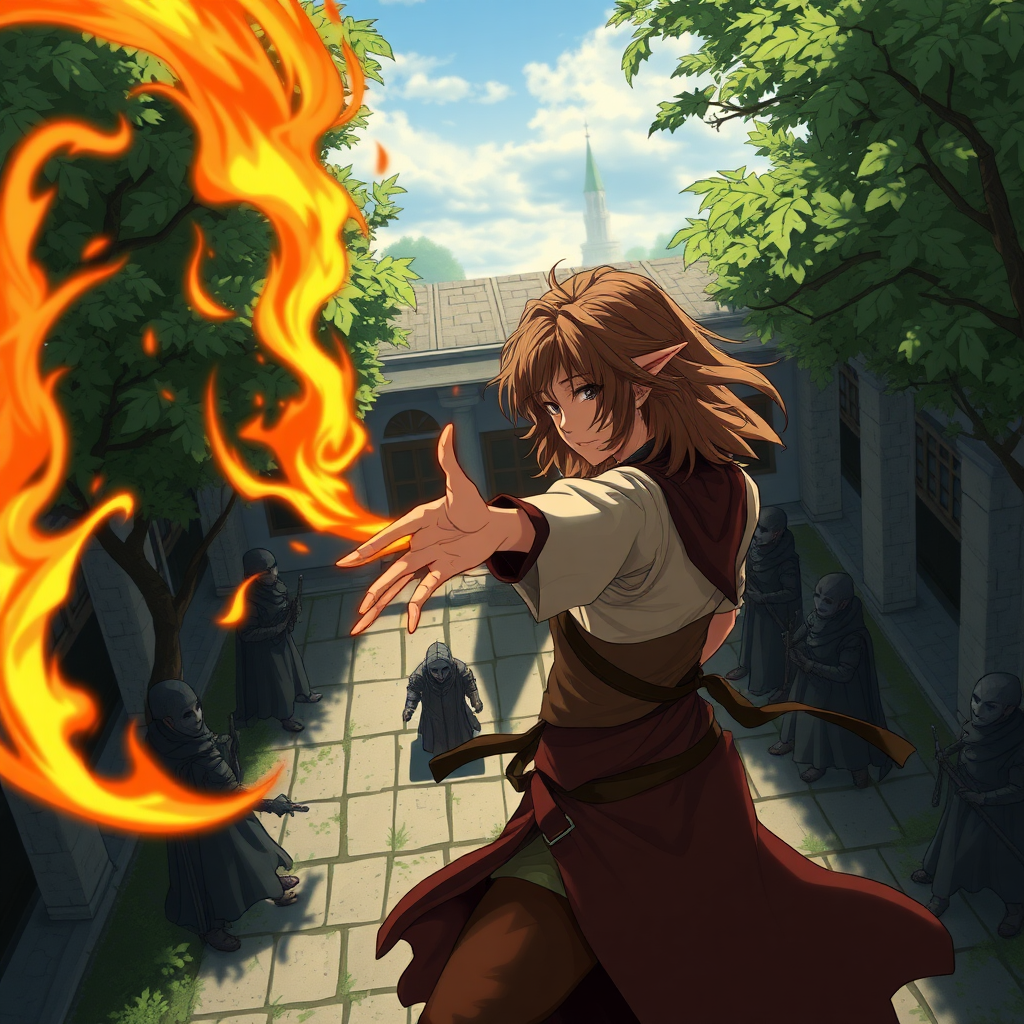 A full body shot from above, of a pretty twenty-something elven female with a face resembling (Ana de Armas), casting a magic fire spell through trees toward a group of dark elves. Messy shoulder-length hair tussled by wind. Inside a courtyard. Anime style, like (Record of Lodoss War).