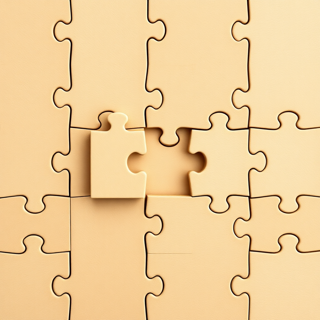 Create an image of a light brown wooden puzzle, missing one piece in the center of the puzzle... and trying to connect a puzzle piece that doesn't fit in the missing spot.