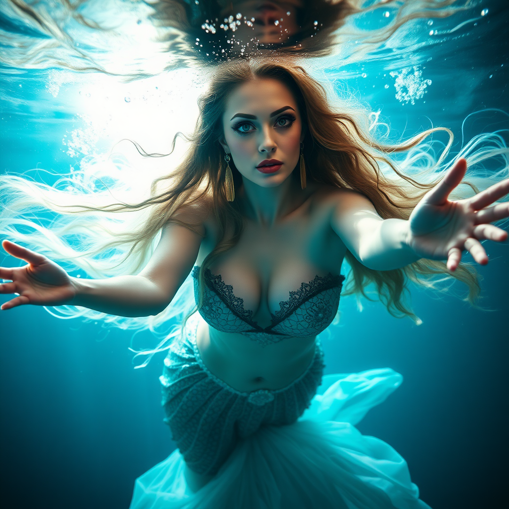 Burlesque Dancer as a mermaid underwater amazing loose flowing hair floating in a nimbus around her beautiful face her arms outstretched towards the viewer and she's looking down into the viewer's eyes making intense eye contact. loose fitting diaphanous. Real DSLR HD Photography. Burlesque