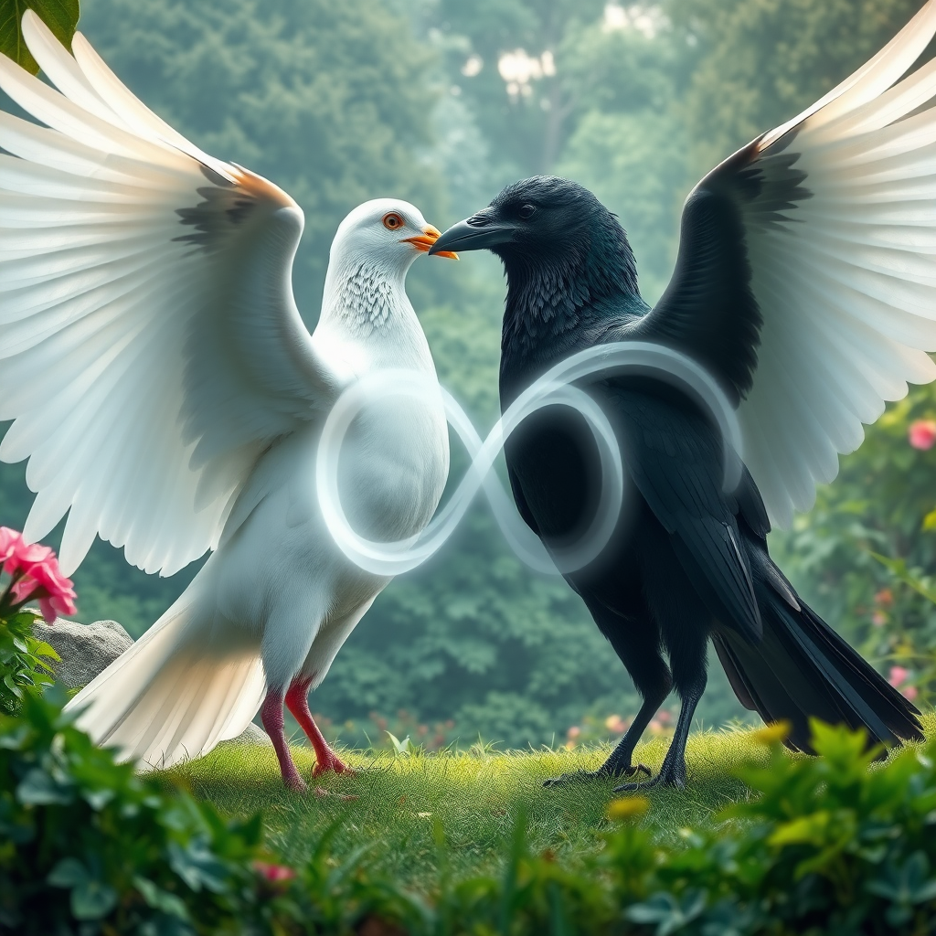 a huge white dove and a huge black crow standing facing each other within a clearing in an incredible lush garden, slowly flapping their powerful wings. The beak of the dove is touching the beak of the crow. There is a large abstract infinity symbol of wavy, transparent light energy that intersects at the beaks and covers the entire bodies of the birds