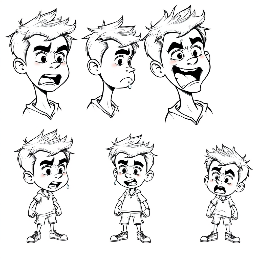 multiple views with progression, character design sheet, short, excited, mischievous, sweating, 15 year old european boy, drooling, detailed features, long establishing shot, 2D, caricature, cartoon, Sketch lines, coloring book, coloring book style on white background, well composed, clean coloring book page, No dither, no gradient, strong outline, No fill, No solids, vector illustration, side view, vector illustration, empty space around each view, movement lines