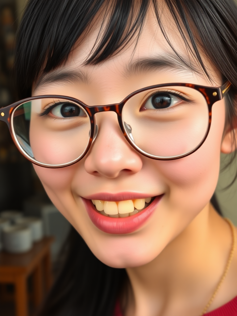 real casual photo, japanese nerdy skinny woman with big nose, big mouth, big yellowish teeth, moles, big eyeglasses and medium hair, retarded