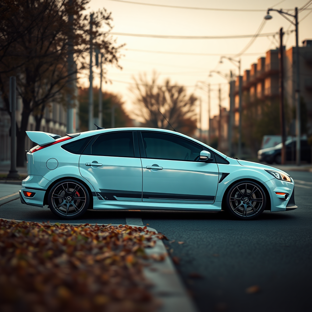 #AIart #flux1 #aiart #aiphotography #photorealism #flux1pro ford focus rs 2009 car is parked on the side of the road, inspired by Taiyō Matsumoto, tumblr, restomod, nd4, c4