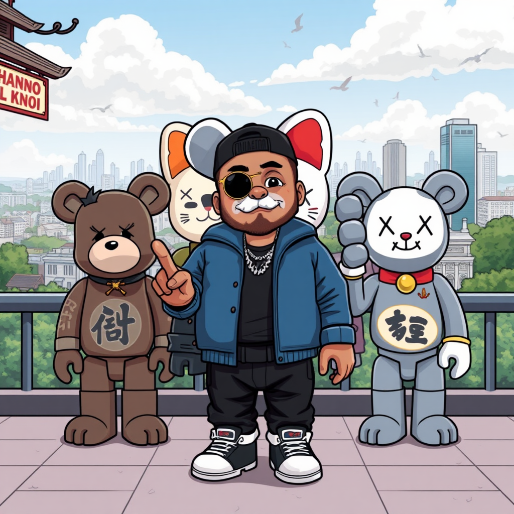 create an illustration of the rapper Chris Brown surrounded by Bearbrick and KAWS. The Asian Maneki-neko, which shows the middle finger, could be humorously integrated into the scene. In the background you could see the city of Hanoi.