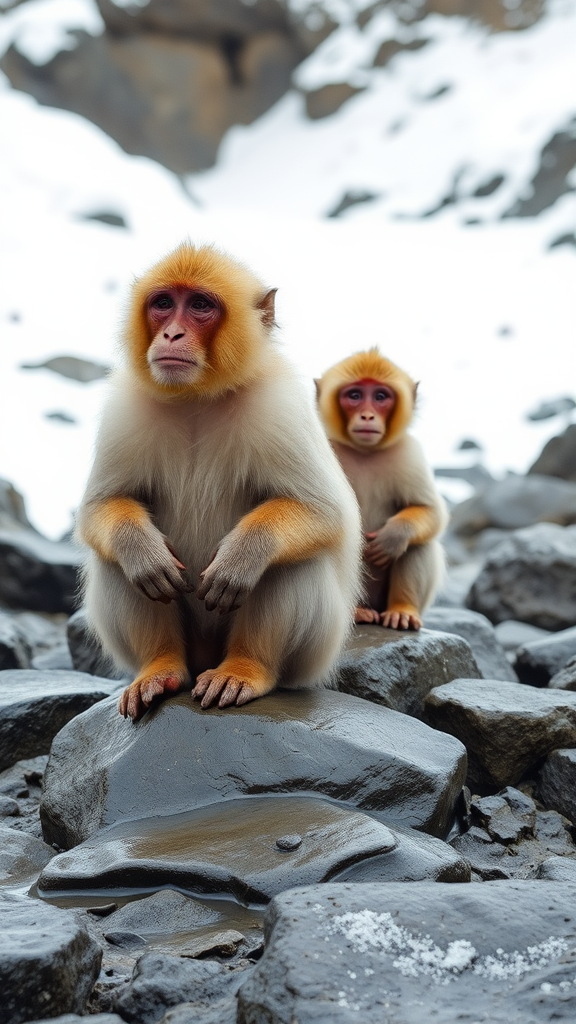 A portrait image of two light brown Japanese snow monkeys sitting on wet rocks at the bottom of a snowy hillside. The monkey positioned in front is an adult and is looking off to the left. The other is a young monkey sitting some distance behind the first monkey; they are also looking off to the left. The two monkeys are at the center of the frame.