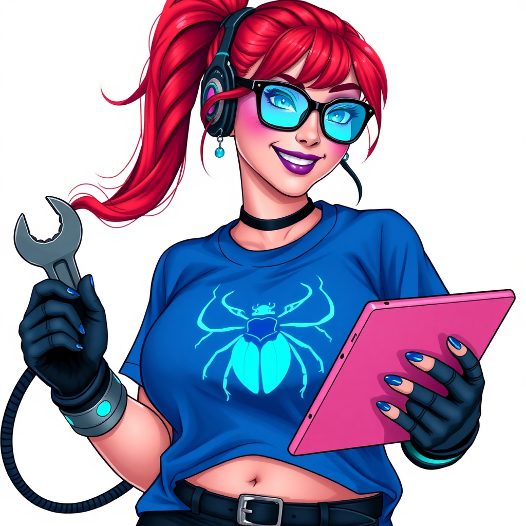 An intelligent and tech-savvy 29-year-old computer hacker and tech genius. She has a long ruby red ponytail. She wears maximum blue lipstick, blue eyes, a sapphire beetle gemstone necklace, sapphire earrings, black eyeglasses, hi-tech power gloves, and an oversized maximum blue t-shirt featuring a neon blue glowing beetle chest icon. She has a gargantuan full-figured physique with a prominent round gargantuan midsection, reflecting her well-cared-for lifestyle. She sports a sapphire headset with a hi-tech maximum turquoise lensed HUD, and a beaming smile accentuated by a passionate neon red blush. She serves as his tech expert from his hideout, holds a futuristic tool wrench and a futuristic digital tablet. The background is solid white. She is drawn as if she was in a retro 2D cyberpunk fighting game.