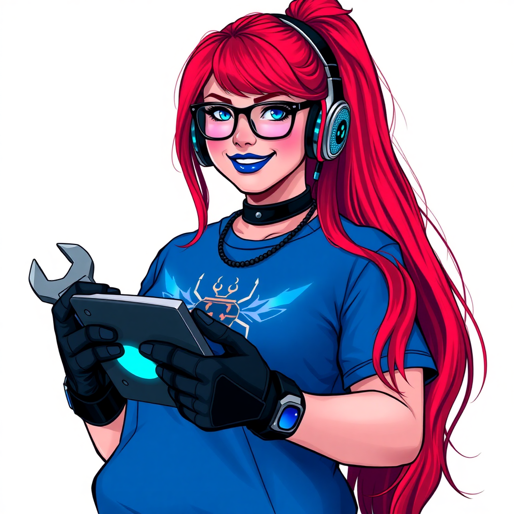 A full-sized, intelligent and tech-savvy 28-year-old computer hacker and tech genius. She has a long ruby red ponytail. She wears maximum blue lipstick, blue eyes, a sapphire beetle gemstone necklace, sapphire earrings, black eyeglasses, hi-tech power gloves, and an oversized maximum blue t-shirt featuring a neon blue glowing beetle chest icon. She has a full-figured physique with a prominent, wrecking ball-sized midsection, reflecting her well-cared-for lifestyle. She sports a sapphire headset with a hi-tech maximum turquoise lensed HUD, and a beaming smile accentuated by a passionate neon red blush. She serves as his tech expert from his hideout, holding a futuristic tool wrench and a futuristic digital tablet. The background is solid white. She is drawn as if she was in a retro 2D cyberpunk fighting game.