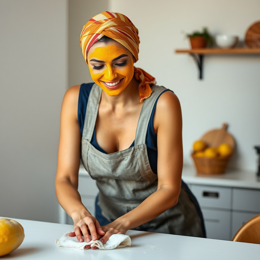 slim, 30 year old, sexy, french maid, short scarf head, turmeric face pack. She is smiling and cleaning a table with a cloth