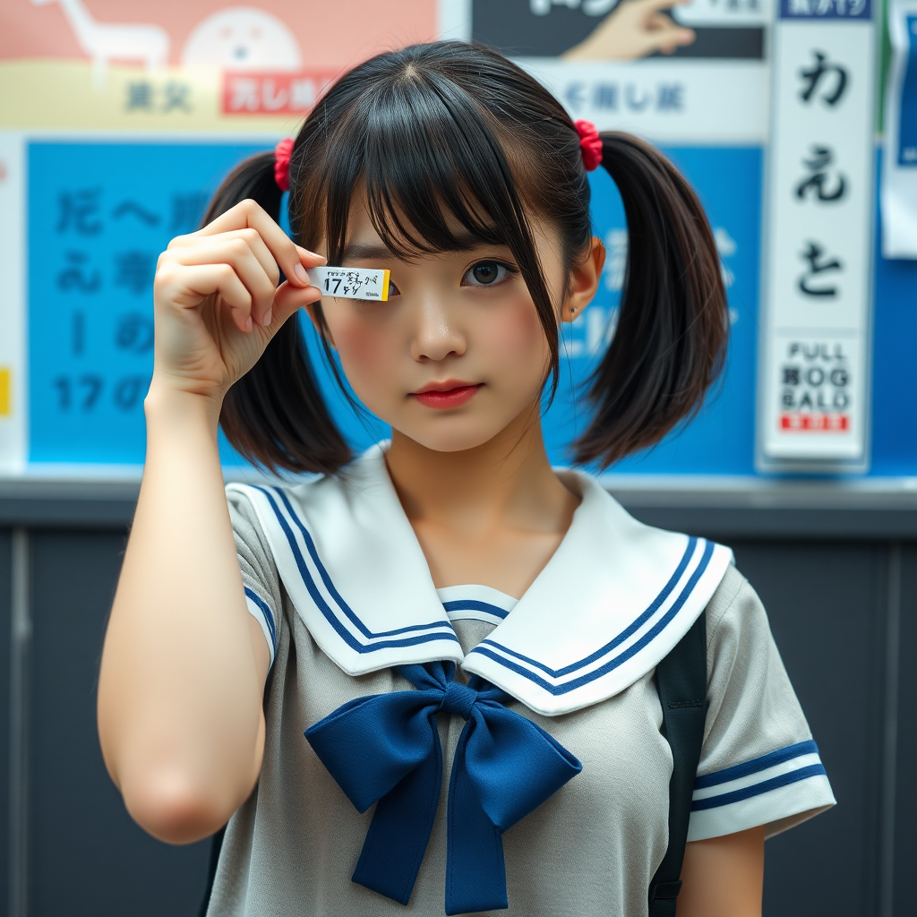 photo full body 17-year giantess Japanese schoolgirl holds something up to her eyes