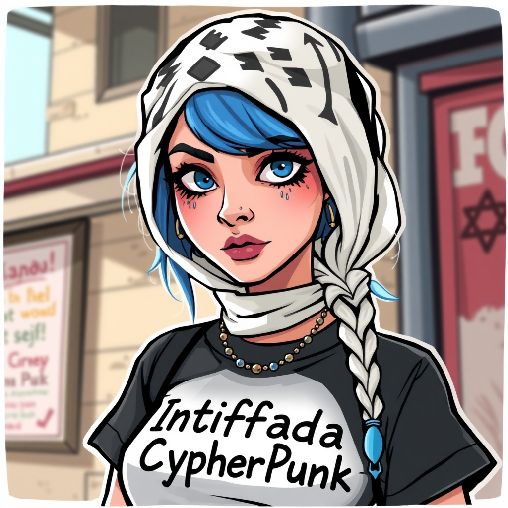 a cartoon picture of a woman with blue hair and piercings, wearing a Palestinian kuffiyeh cheffiyah, wearing a t-shirt titled "'Intifada.CypherPunk'"