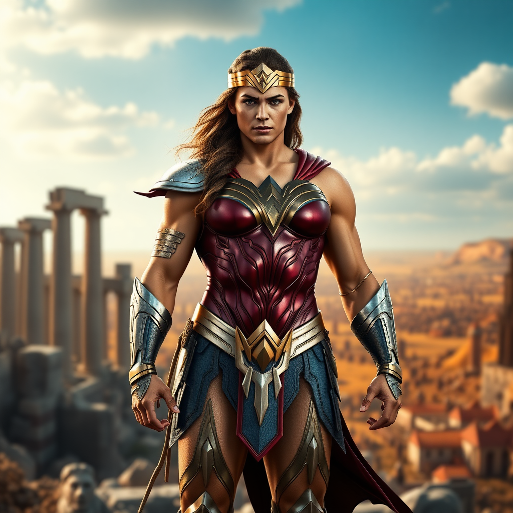 Generate a full-length photorealistic image of a hybrid superhero character inspired by Wonder Woman, featuring a male physique. Retain the iconic costume while adapting it to fit the new proportions, including the armor, tiara, and emblematic colors. The background should reflect themes of strength and valor, incorporating elements like ancient ruins or a vibrant battlefield, evoking the essence of the superhero world. The setting should enhance the character's powerful presence, emphasizing a sense of courage and determination.