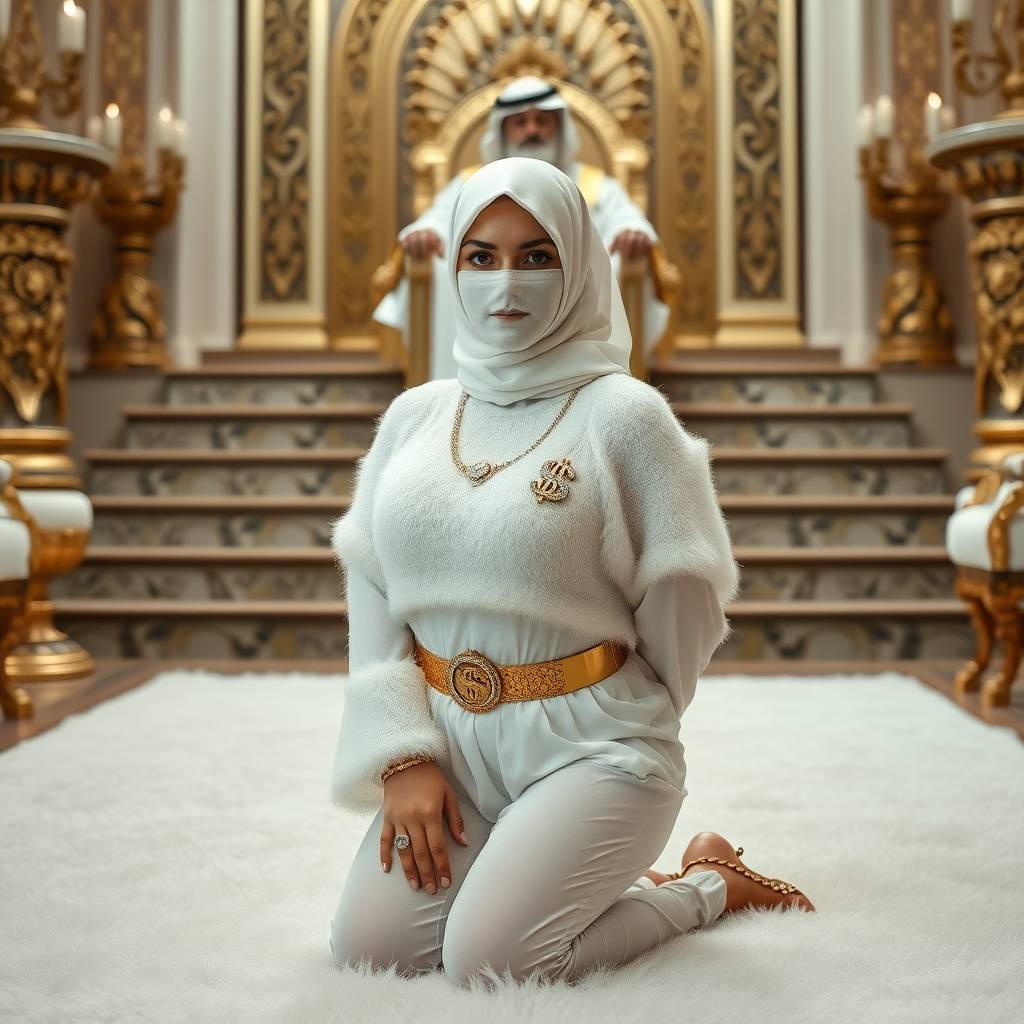 Kuwait desert palace throne room, throne raised on stair head, old overweight mighty sheik sitting on throne. In front of stairs, kneeling on white fluffy carpet: Melissa, European 17 years old very convincing femboy “trophy-bimbo”, tamed servile docile, rather short, by hormones very curvaceous womanly figured, platinum blond short tight curls, heavily made-up eyes, wearing Supertanya-style fluffy very fuzzy bright white angora turtleneck-poncho cropped ending under bust decorated with pearls and gemstones, striking oriental wide gold bridal protection belt, white fully transparent harem pants, full Oriental bridal jewelry, face covered by white sheer full Burka, coin anklets, striking diamond “$$$” letter brooch on left chest, pout frustrated, hands tied behind back, looking at camera. Focus on face and turtleneck-poncho, side perspective.