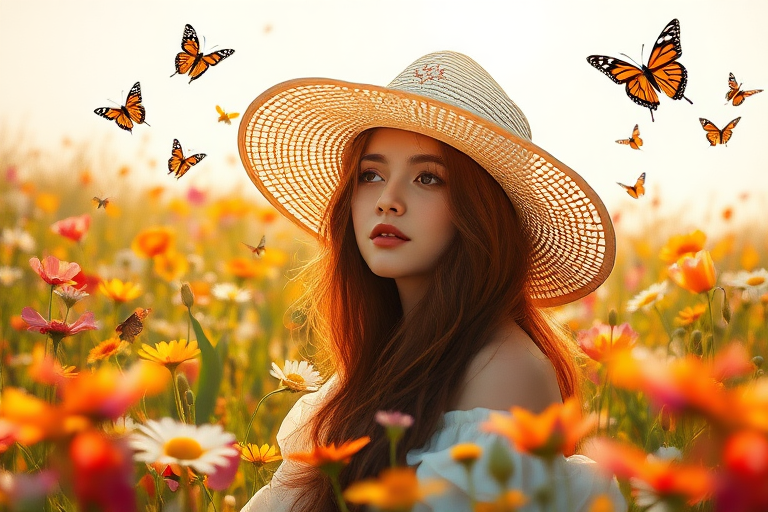 In the midst of a sun-drenched meadow, a young woman with long, cascading waves of chestnut hair sits serenely among a vibrant tapestry of wildflowers dancing in the gentle breeze. She dons an oversized, wide-brimmed hat adorned with delicate embroidery, casting soft shadows that play across her face, enhancing the mystery of her tranquil expression. Surrounding her, a symphony of colors bursts forth as tulips, daisies, and poppies sway rhythmically, their petals glimmering like jewels in the sunlight.

As she gazes dreamily at the endless expanse of blossoms, butterflies flit about in a whimsical ballet, their delicate wings painted in bold strokes of orange, blue, and black—all vying for her attention. The sweet, intoxicating fragrance of the flowers mingles with the warm afternoon air, evoking a sense of peace and freedom.

Rendered in the enchanting style of Pino Daeni’s academic art and infused with the soft nuances of Australian tonalism, this 8k resolution concept art piece envelops viewers in a dreamy atmosphere. The gouache technique mimics the fluidity of watercolor, transforming the scene into a museum-quality epic, where thick brush strokes create palpable texture on the canvas. Each layer of impasto gouache captures the essence of nature's beauty, showcasing an impressionist maximalist masterpiece filled with warmth and vibrancy. The glowing palette of sunset hues radiates through the carefully applied layers, inviting viewers to immerse themselves in this enchanting moment suspended in time.