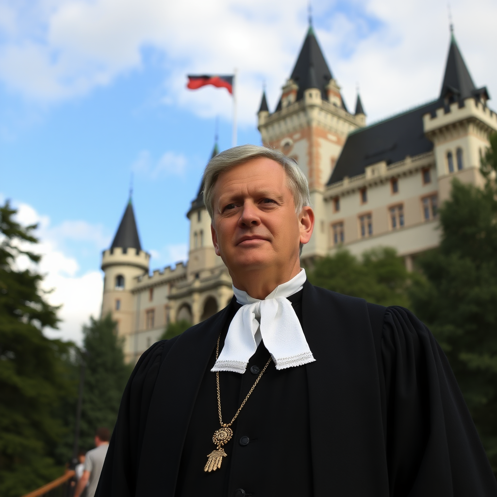 A German judge stands in front of Hohenzollern Castle.