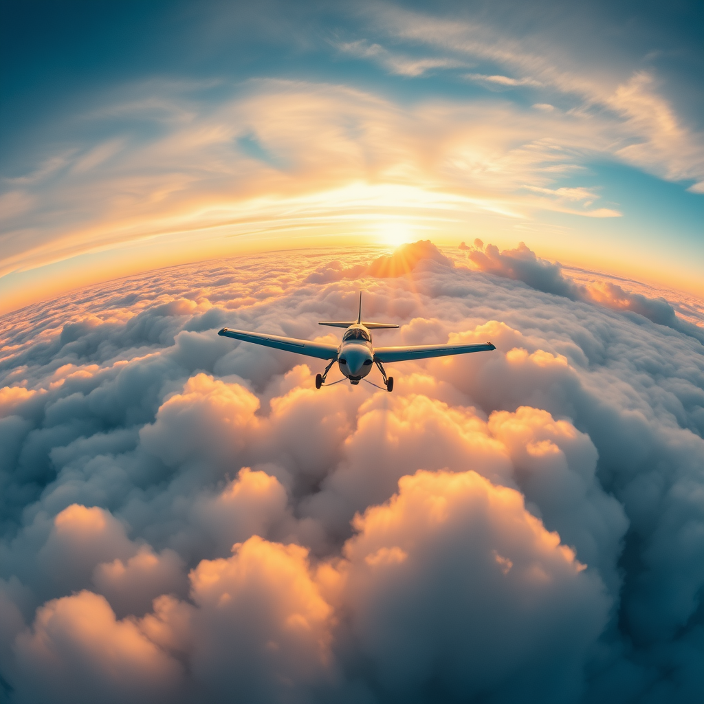 A breathtaking wide angle shot of a lone pilot in a small plane soaring through the clouds at sunrise, with the golden rays of sunlight breaking through the clouds, creating a sense of freedom and control, the plane's shadow cast on the horizon, shot with a DJI Mavic Air 2, wide angle lens, vibrant colors with soft pastels.