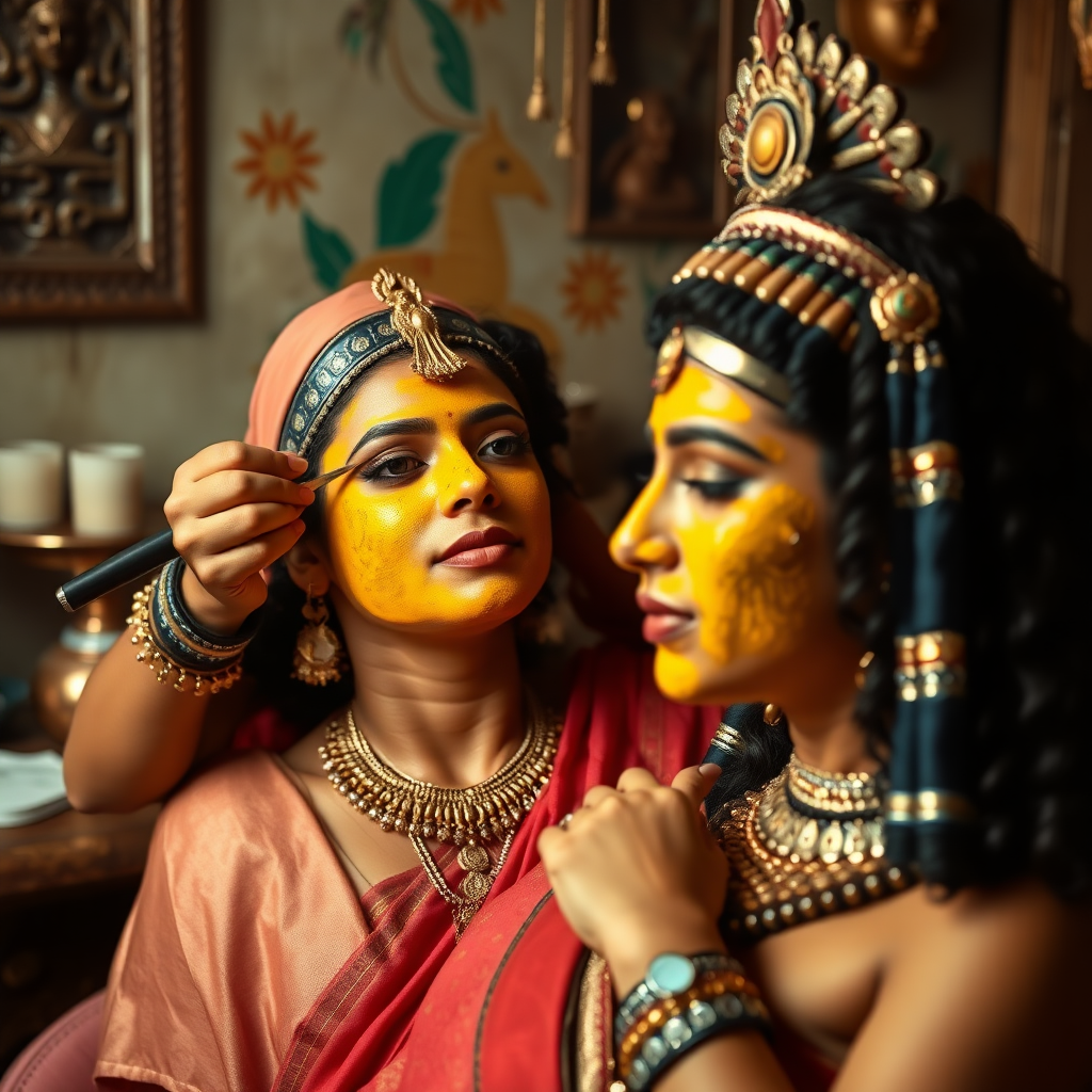 young cleopatra, working in beauty parlour, giving turmeric facial to rich, traditional indian wife