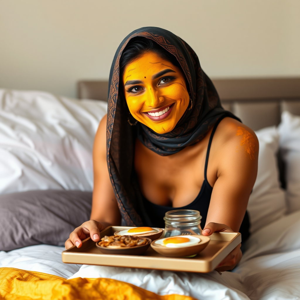 slim, 30 year old, sexy, indian wife, scarf head, turmeric face mask. She is smiling and serving breakfast on a tray on bedside table