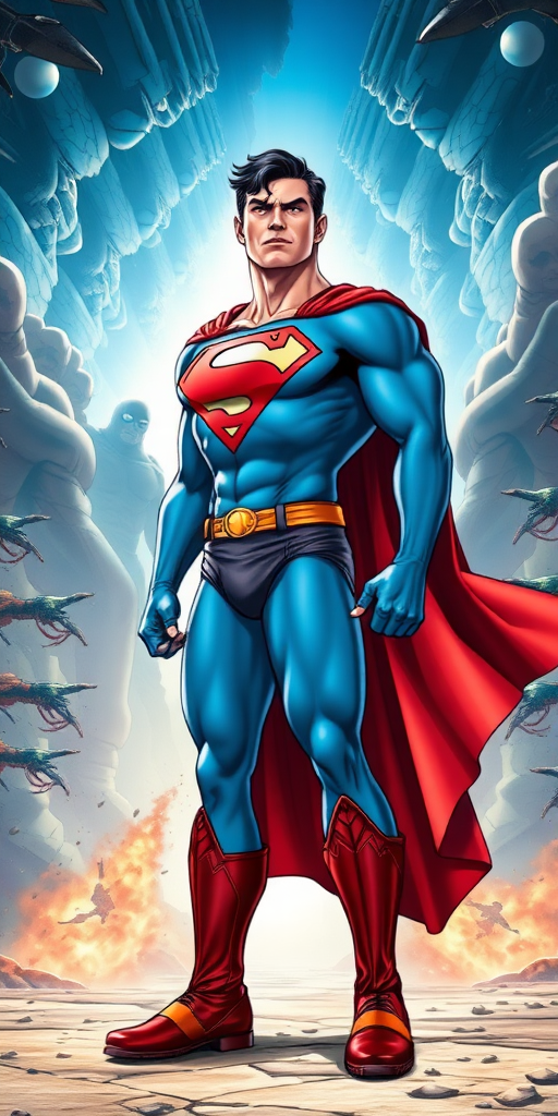 Create a full-length, highly detailed image of Superman with the female body of Chun-Li, from the Street Fighter video game, standing in a dynamic battle scene. Superman, appearing surprised and bewildered, maintains his iconic red cape and "S" emblem but has Chun-Li's muscular build and blue outfit. He stands amidst an intense showdown with alien forces, the backdrop featuring a dramatic rip in the cosmic fabric of the universe. The scene should blend comic book and video game art styles, emphasizing both the chaos of battle and the character's astonishment at his transformation.