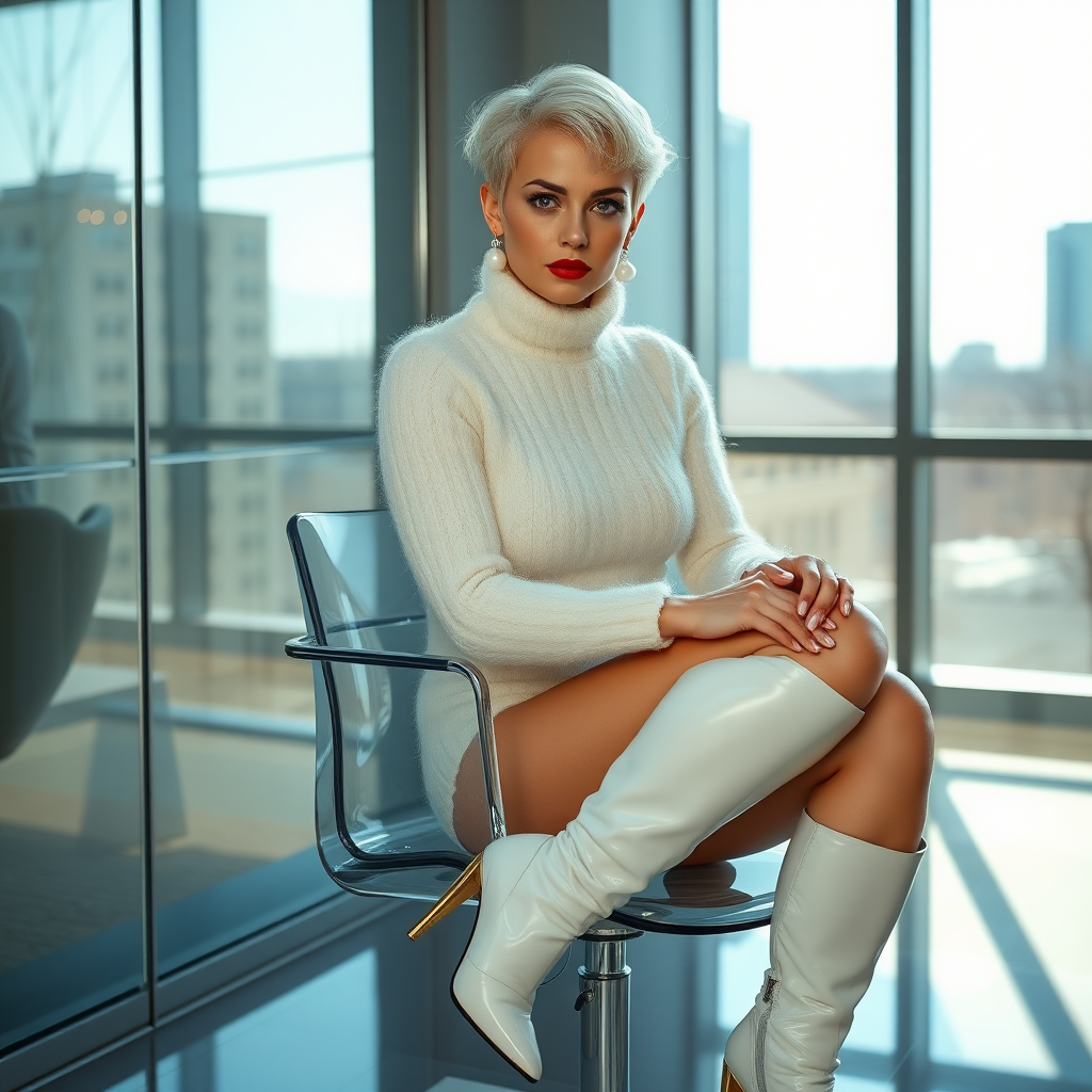 Sunny spring morning, modern glass-steel-concrete office, sitting on glass chair at wall, waiting for the master: Ana, European 17 years old very convincing femboy “trophy-bimbo”, tamed servile docile, very beautiful feminine flawless face, rather short boyish figure, platinum blond short tight curls, bold red lips, heavily made-up face, long French nails, wearing Supertanya-style chunky fluffy very fuzzy bright white plushy mohair figure-hugging turtleneck-knitdress with white pearl decoration, white vinyl thigh-high boots with golden heels, pearl earrings, serious, leaning forward presenting her assets, arrogantly looking at camera.