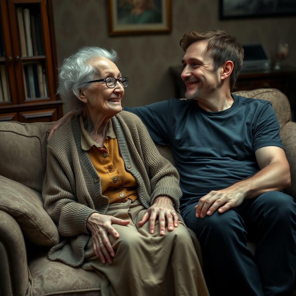 In a scene viewed from an angle and slightly above: In an old-fashioned English living room, a very frail, small and thin, very old and elderly English lady with an ugly face, kind smile, short, thinning white curly hair, wrinkled face, neck and skin, wearing thin-framed glasses, an old cardigan, blouse and long skirt is sitting on a sofa with an English man about 40 years old, grey stubble on his chin, brown hair, sitting close next to her on the same sofa, wearing a black T-shirt and dark blue jeans. The man and woman are smiling at each other. The woman is looking at the man's eyes and smiling. The man is looking at the woman's eyes and smiling.