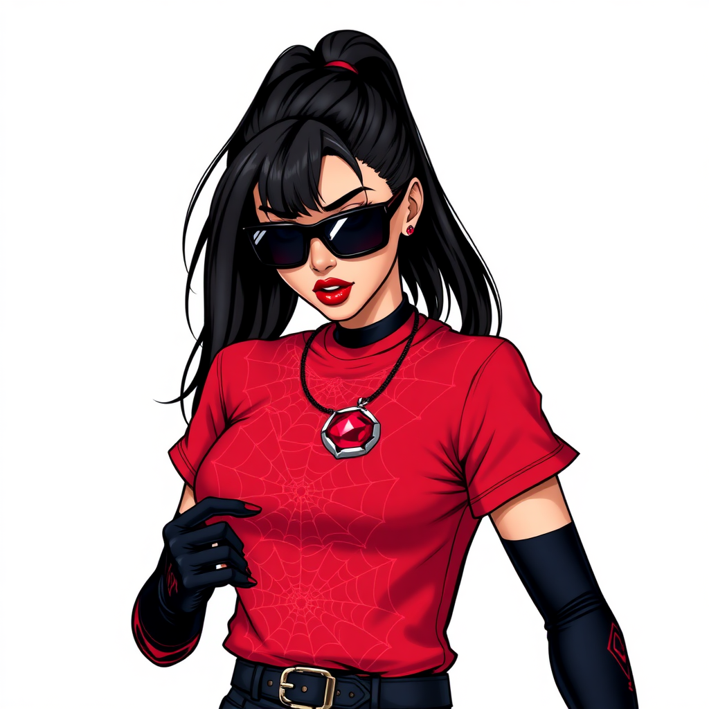 A 26-year-old mystical corporate hero hunter with a sleek black ponytail, maximum red lipstick, dressed in a maximum red t-shirt adorned with intricate neon red web patterns, equipped with black gloves, and wearing black-lensed shades and a mystical glowing red gemstone amulet featuring an intricate web design, posing flirtatiously against a solid white background. She is drawn as if she was in a retro 2D cyberpunk fighting game.