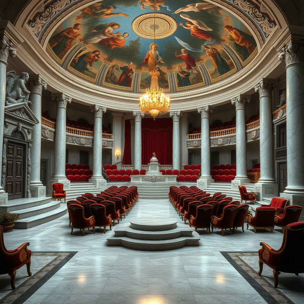 The Auction House at the Sanctuary of Serenity is a prominent building located at the center of the Sanctuary grounds, distinct from the training halls and living quarters. A wide stone path leads to its ornate double doors, which are decorated with silver and mother-of-pearl. The façade features intricate carvings depicting the history of slaves and submissives.

Inside, the grand foyer has polished marble floors and white alabaster pillars supporting a vaulted ceiling painted with frescoes of famous slave pairings. Beyond the foyer is the main auction chamber, a large circular room with ascending rows of plush seating made from velvet and mahogany, all facing the central platform known as the Dais of Pairing. This platform is illuminated by a chandelier that casts a golden light over the chamber.

The Dais of Pairing is the focal point of the Auction House, where Omegas present themselves to prospective Alphas. The Dais is finely crafted with silver-gilded edges.