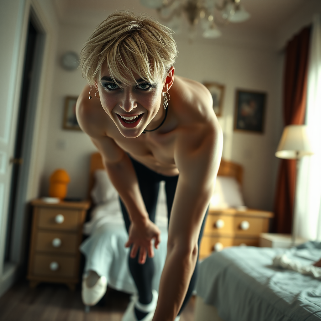 photorealistic, ultra high resolution, 16K, surreal fantasy, studio lighting, a pretty 16 year old goth male, slim male physique, short blonde hair, goth makeup, earrings, pantyhose, white ballet shoes, in the bedroom - he is bending forward, excited smile, facing the camera.