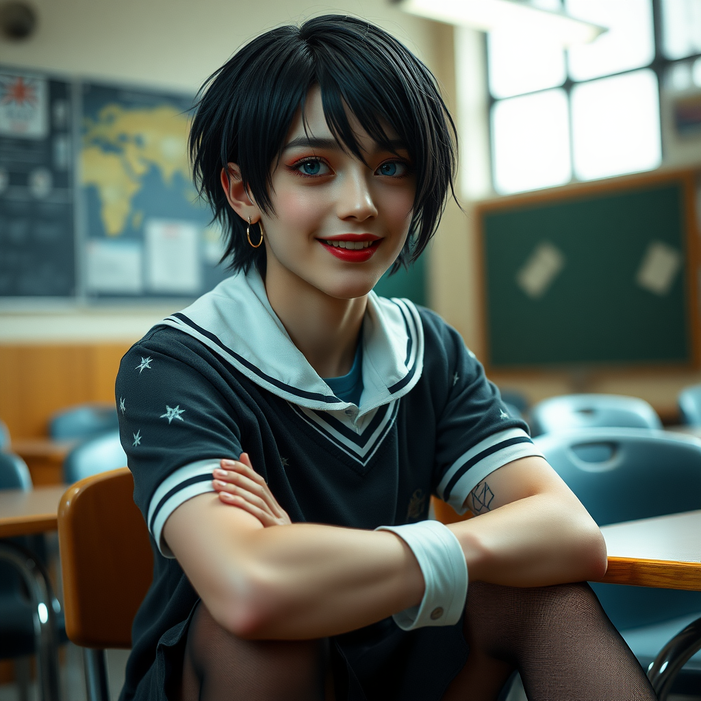 photorealistic, ultra high resolution, 16K, surreal fantasy, soft studio lighting, a pretty 16 year old goth male, slim male physique, short dark hair, blue eyes, goth makeup, earrings, sheer pantyhose, UK girls-school uniform, Mary-Jane shoes, sitting in the classroom, excited smile, facing the camera.