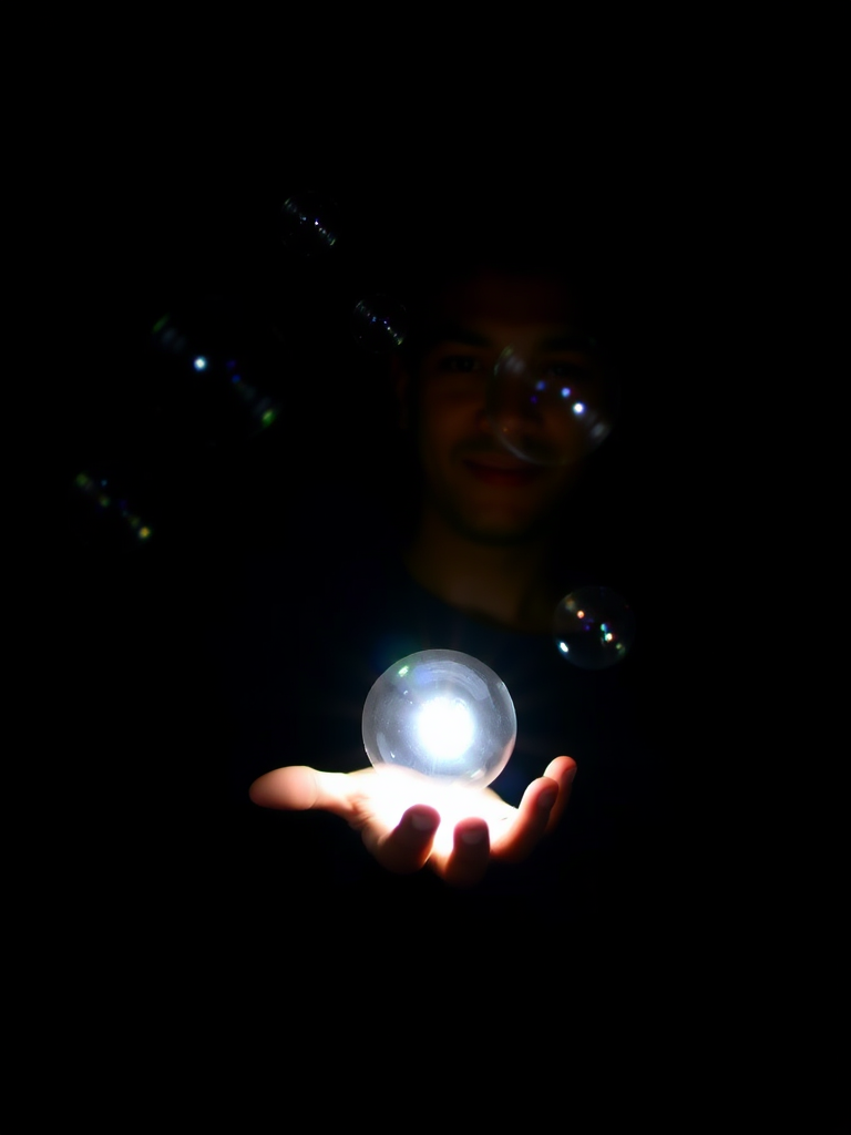 The image features an individual. The person is holding out their hand, which emits a bright light. This light illuminates several floating bubbles around them. These bubbles reflect the light and seem to contain smaller lights within, creating a magical or ethereal atmosphere. The dark background enhances the contrast, making the light and bubbles stand out. The overall effect is one of wonder and enchantment, as if the person is conjuring or interacting with these illuminated spheres in a dark space.