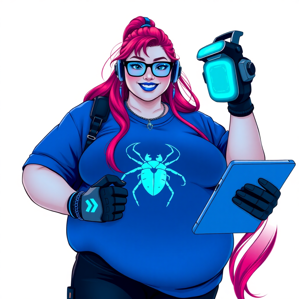 A full-sized, intelligent and tech-savvy 28-year-old computer hacker and tech genius. She has a long ruby red ponytail. She wears maximum blue lipstick, blue eyes, a sapphire beetle gemstone necklace, sapphire earrings, black eyeglasses, hi-tech power gloves, and a gigantic oversized maximum blue t-shirt featuring a neon blue glowing beetle chest icon. She has a full-figured physique with a gargantuan, round midsection, reflecting her well-cared-for lifestyle. She sports a sapphire headset with a hi-tech maximum turquoise lensed HUD, and a beaming smile accentuated by a passionate neon red blush. She serves as his tech expert from his hideout, holding a futuristic tool wrench and a futuristic digital tablet. The background is solid white. She is drawn as if she was in a retro 2D cyberpunk fighting game.