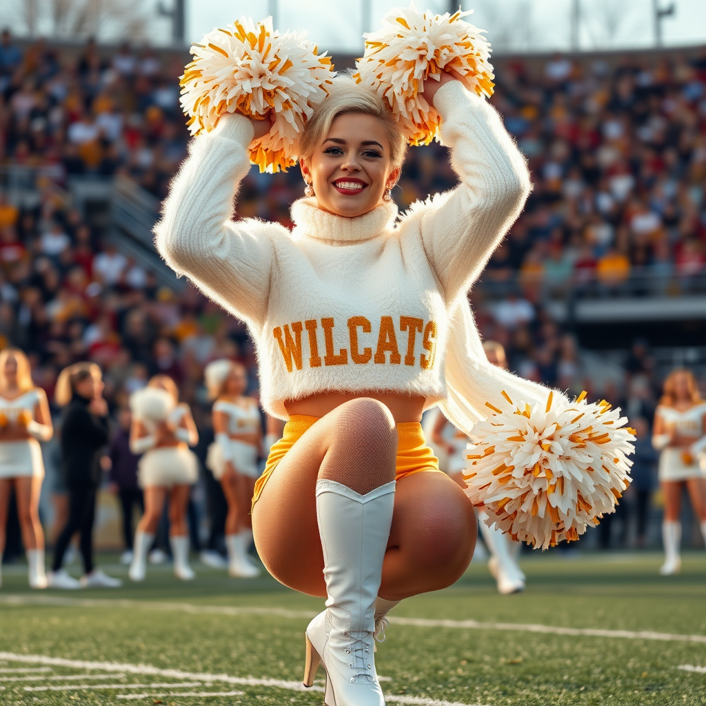 Sunny cold fall noon, college football stadium game, cheerleaders squat: Ana, European 17 years old very convincing femboy “QB’s trophy-bimbo”, tamed servile docile, very beautiful feminine flawless face, rather short boyish figure, platinum blond short tight curls, bold red lips, heavily made-up face, wearing cropped chunky fluffy very fuzzy bright white plushy mohair turtleneck-sweater with “gold “WILDCATS” letters, vinyl gold short shorts, mesh pantyhose, white vinyl thigh-high boots with golden heels, large gold-white pompoms, pearl earrings, pearl belly piercing, striking pearl tongue piercing, dancing with pompoms over her head. cheering loud.