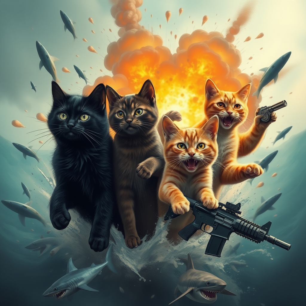 4 cats, 1 black cat, 1 dark brown cat, 1 light brown cat, and 1 orange cat emerging from an explosion with sharks and weapons.