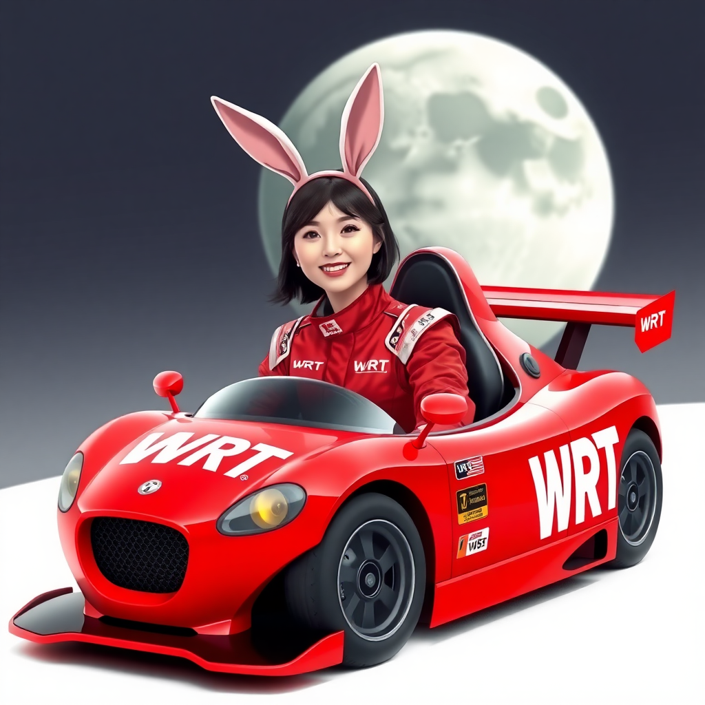 A red racing car with only "WRT" written on its body; a beautiful Chinese female racer wearing rabbit ears, smiling as she sits in the car, her red racing outfit also only displaying "WRT"; the background features a huge moon.