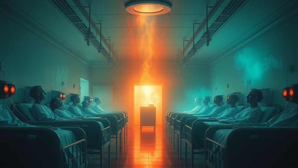 "The hospital bathed in a supernatural glow as the spirits of the patients begin to ascend, their faces slowly transforming from tortured to peaceful."