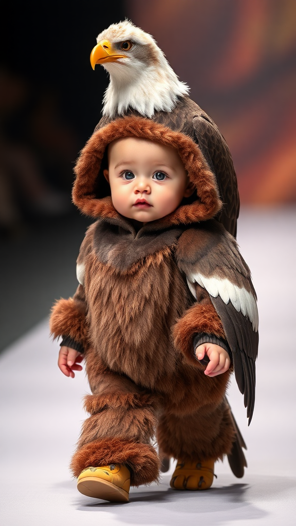 A cute small chubby fair baby with big eyes, pink lips, and pink cheeks wearing a furry cozy eagle costume doing a ramp walk in a fashion show, walking with a real eagle, cinematic eagle sitting on baby’s head.