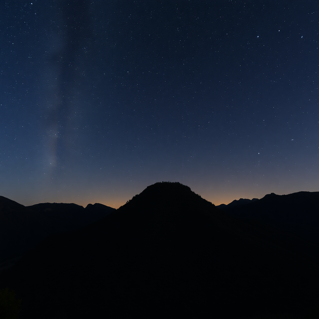 semi-dark sky with many stars, big and small, an area with very high surrounding hills and a large conical hill with vegetation