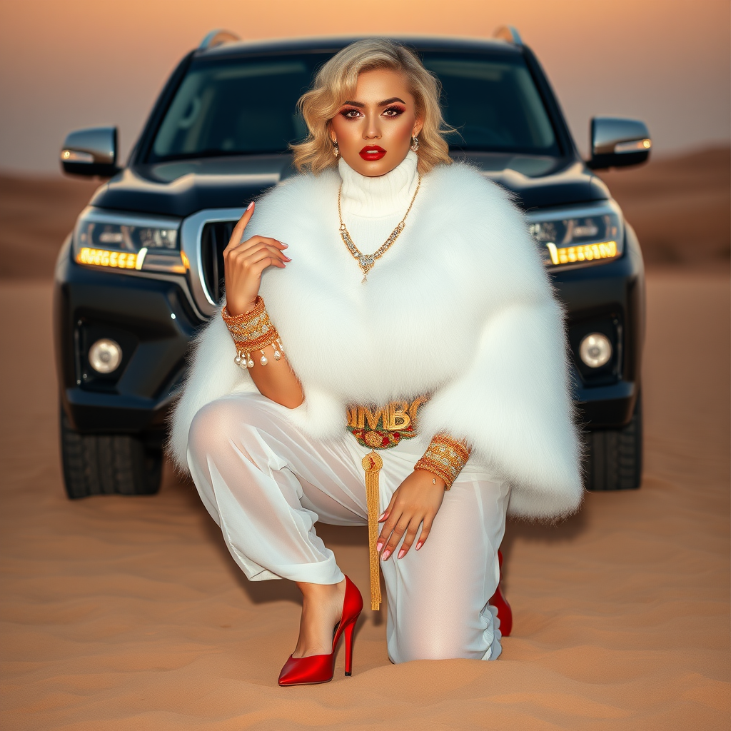 Kuwait desert dunes misty dawn, full size luxury SUV: Melissa, European 17 years old very convincing femboy “trophy-bimbo”, tamed servile docile, very beautiful feminine flawless face, rather short, by hormones very curvaceous womanly figured, platinum blond short tight curls, bold red lips, long white French nails, heavily made-up face, wearing Supertanya-style fluffy very fuzzy bright white angora turtleneck-poncho cropped ending under bust decorated with pearls and glass stones, striking oriental wide gold bridal protection belt, white fully transparent harem pants, bright red pumps with golden very high heels, full Oriental bridal jewelry including headpiece, nose-ring, coin wristlets, coin anklets, striking diamond “Bimbo” letter brooch on left chest, thick heavy pearl wristlets, pearl anklets, pout frustrated, kneeling in sand in front of SUV, looking at camera. Focus on face and turtleneck-poncho.