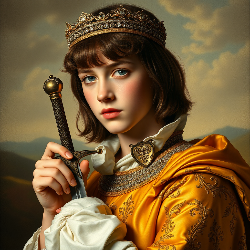 16yo teen boy prince holds his one small sword in a scabbard in his right hand by the hilt, long bob cut, embroidered with gold and diamonds medieval cloths, diamond diadem, natural Skin Texture, visualization of embossed Skin using the play of light and shadow. Free style by 50% Adolphe William Bouguereau and 15% Sandro Botticelli and 35% Otto Lomüller, The background is in the style of landscape style by Antonio del Polaiolo. Studio lighting, professional lighting. Generating the signature at the bottom: FluxBach. 16yo teen boy prince, right hand, holds, the hilt of the sword small sword, scabbard, ultra high resolution, 16K, ultra detailed photograph, 'lightgoldenrodyellow'