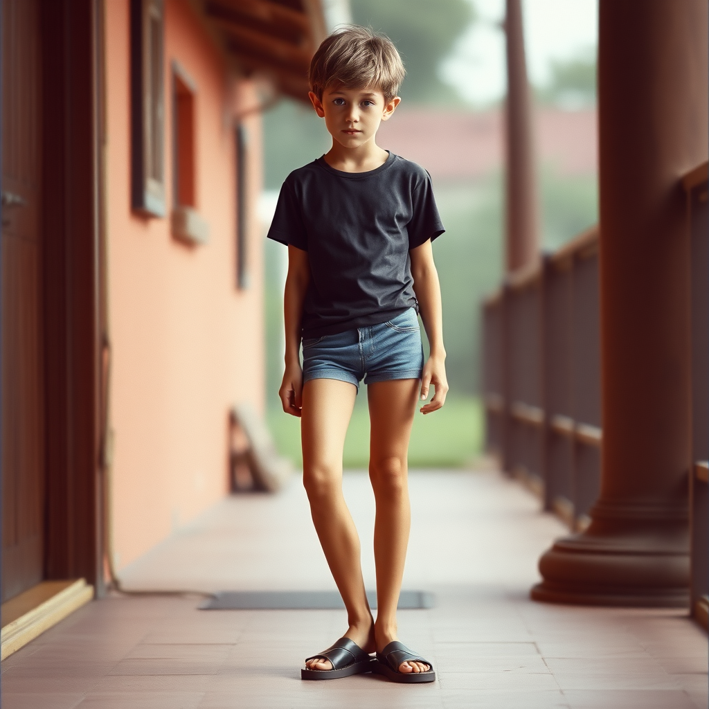 photorealistic, ultra high resolution, 16K. A skinny 14yo teen boy wearing t-shirt, tight booty shorts, sandals. Long legs, bare thighs, narrow hips. 1980s. Negative: grainy, blurry, bad anatomy, extra limbs, watermark.